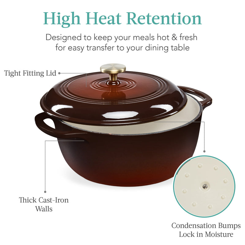 Cast-Iron Dutch Oven Kitchen Cookware w/ Enamel, Handles - 6qt