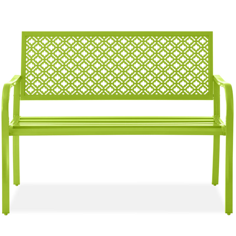 Indoor Outdoor Steel Bench w/ Geometric Backrest, Foot Levelers