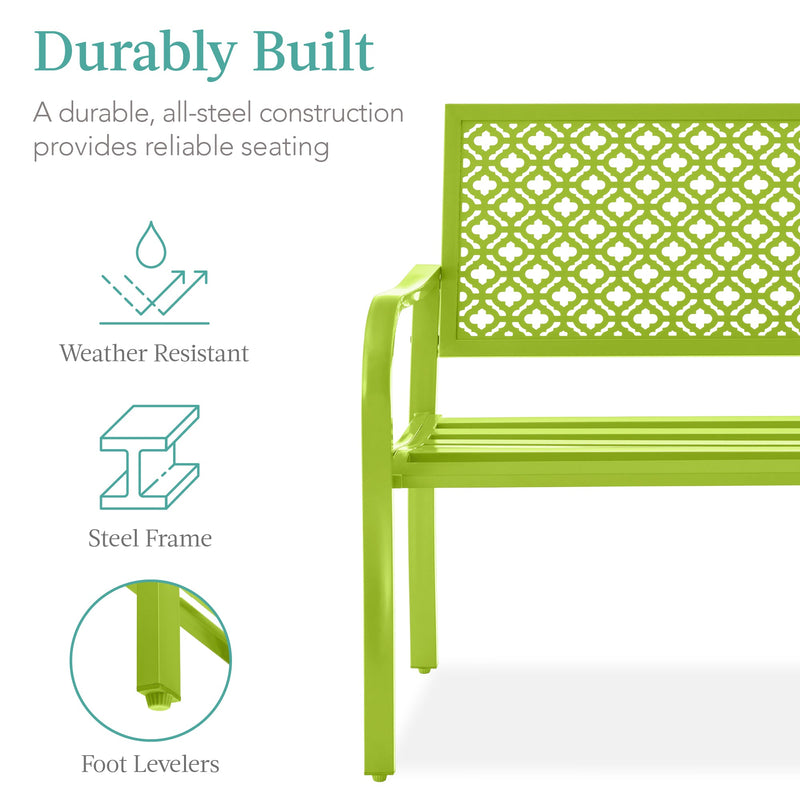 Indoor Outdoor Steel Bench w/ Geometric Backrest, Foot Levelers