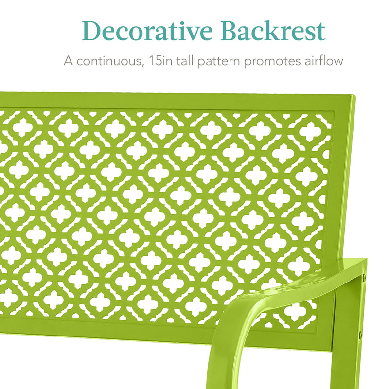 Indoor Outdoor Steel Bench w/ Geometric Backrest, Foot Levelers