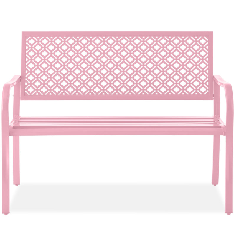 Indoor Outdoor Steel Bench w/ Geometric Backrest, Foot Levelers