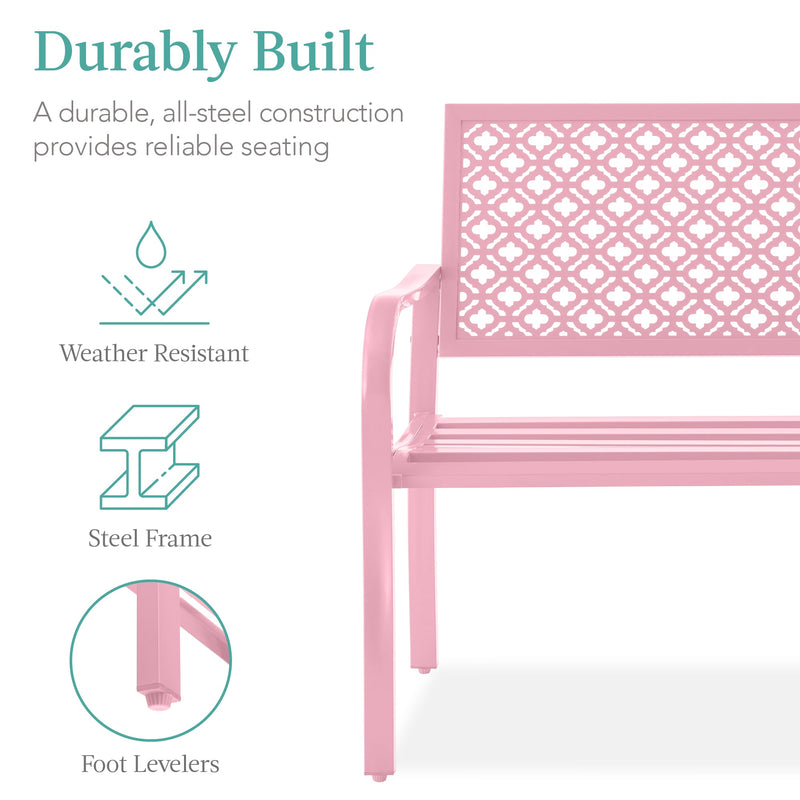 Indoor Outdoor Steel Bench w/ Geometric Backrest, Foot Levelers - Kivo Store