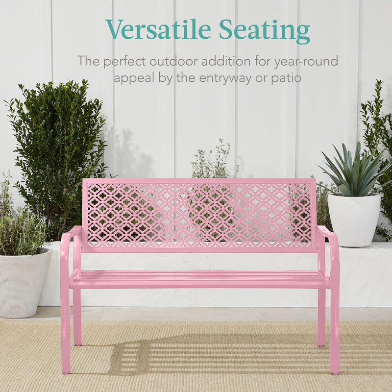 Indoor Outdoor Steel Bench w/ Geometric Backrest, Foot Levelers - Kivo Store