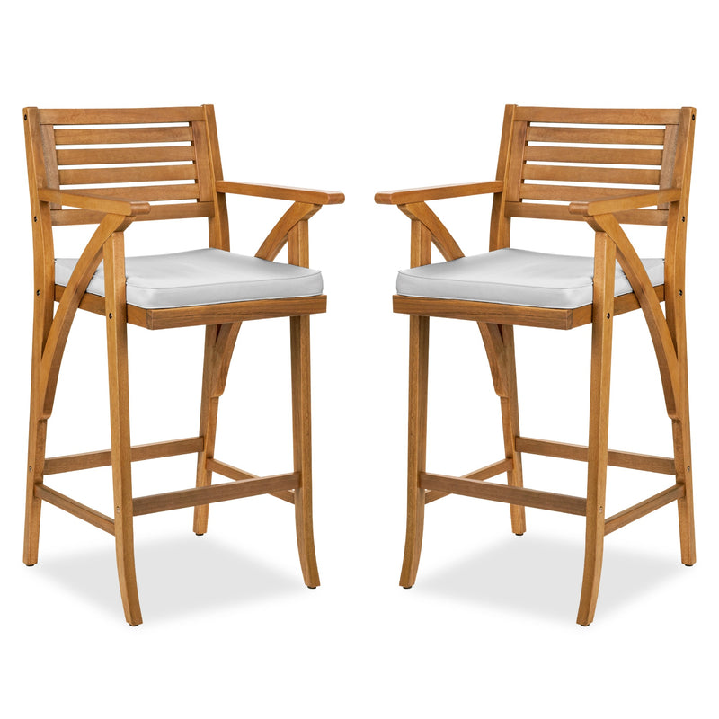 Set of 2 Outdoor Acacia Wood Bar Stools Chairs w/ Weather-Resistant Cushions
