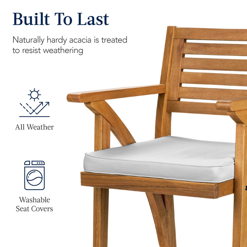Set of 2 Outdoor Acacia Wood Bar Stools Chairs w/ Weather-Resistant Cushions