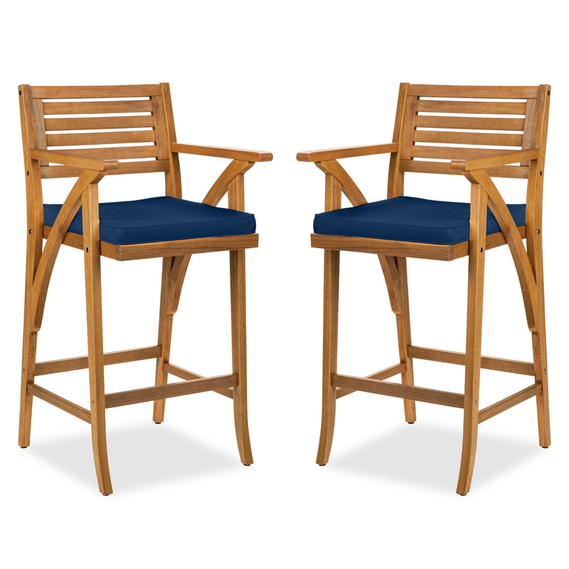 Set of 2 Outdoor Acacia Wood Bar Stools Chairs w/ Weather-Resistant Cushions