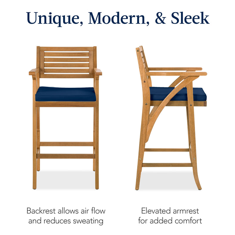 Set of 2 Outdoor Acacia Wood Bar Stools Chairs w/ Weather-Resistant Cushions