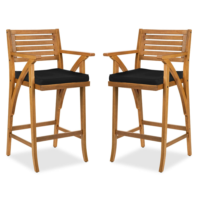 Set of 2 Outdoor Acacia Wood Bar Stools Chairs w/ Weather-Resistant Cushions