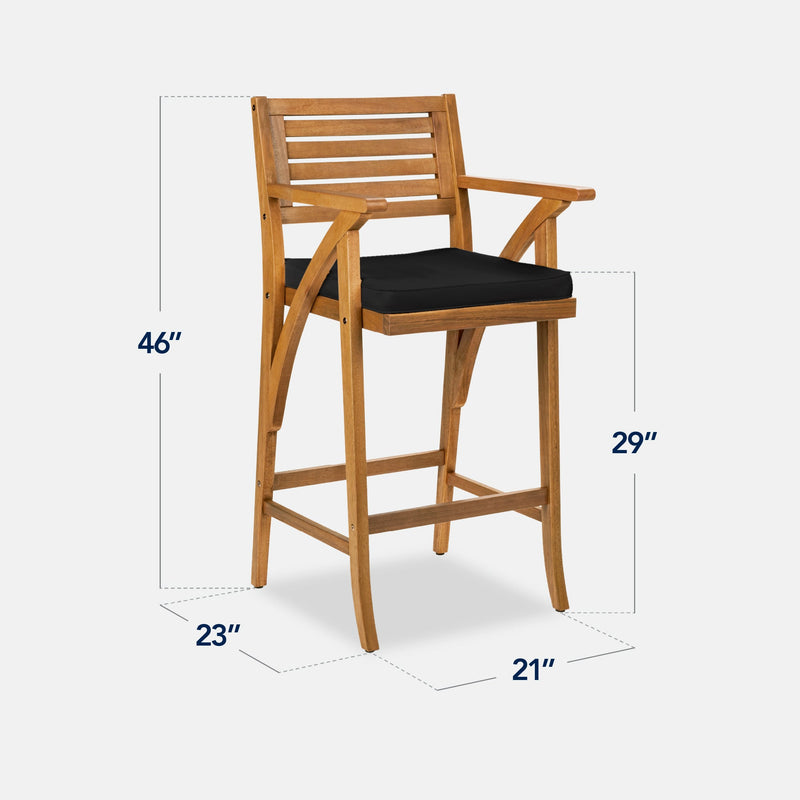 Set of 2 Outdoor Acacia Wood Bar Stools Chairs w/ Weather-Resistant Cushions