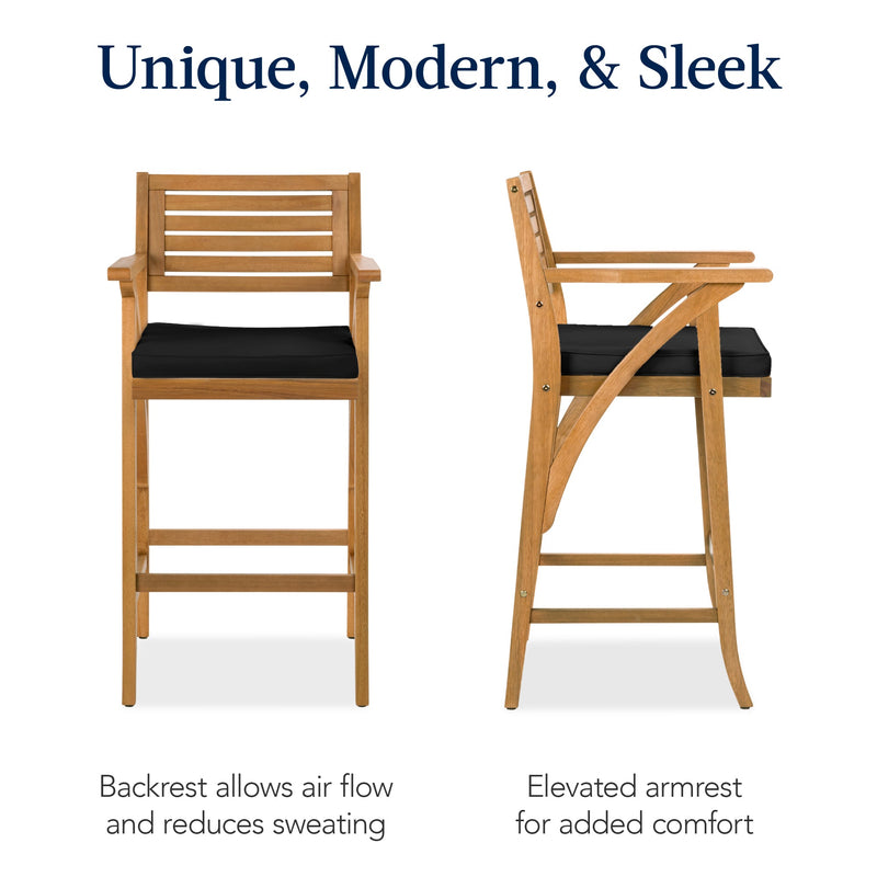 Set of 2 Outdoor Acacia Wood Bar Stools Chairs w/ Weather-Resistant Cushions