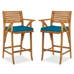 Set of 2 Outdoor Acacia Wood Bar Stools Chairs w/ Weather-Resistant Cushions