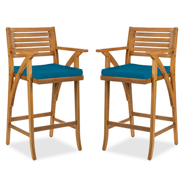 Set of 2 Outdoor Acacia Wood Bar Stools Chairs w/ Weather-Resistant Cushions