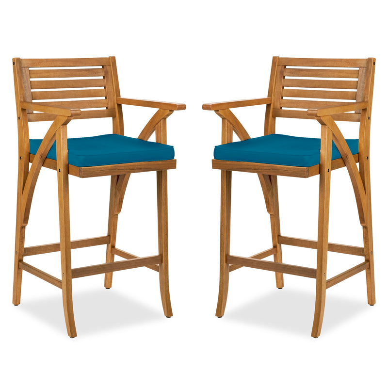 Set of 2 Outdoor Acacia Wood Bar Stools Chairs w/ Weather-Resistant Cushions