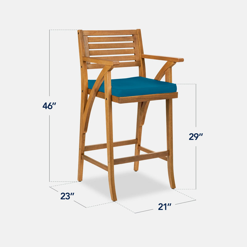 Set of 2 Outdoor Acacia Wood Bar Stools Chairs w/ Weather-Resistant Cushions