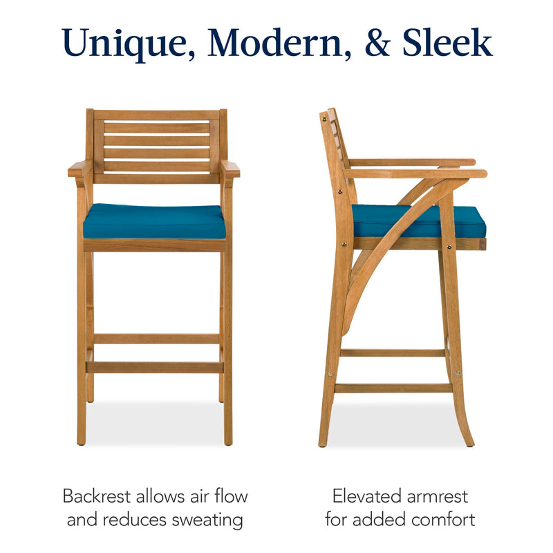 Set of 2 Outdoor Acacia Wood Bar Stools Chairs w/ Weather-Resistant Cushions