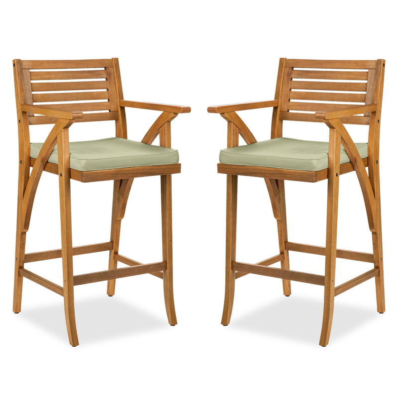 Set of 2 Outdoor Acacia Wood Bar Stools Chairs w/ Weather-Resistant Cushions