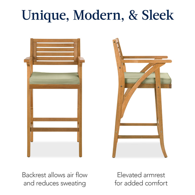 Set of 2 Outdoor Acacia Wood Bar Stools Chairs w/ Weather-Resistant Cushions
