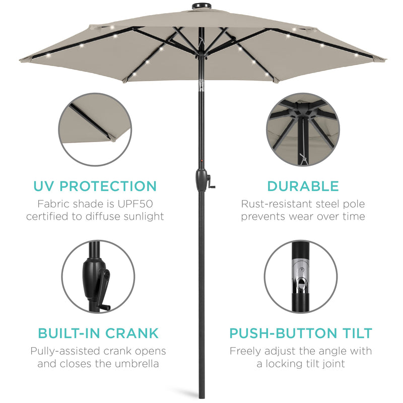 Outdoor Solar Patio Umbrella w/ Push Button Tilt, Crank Lift - 7.5ft - Kivo Store