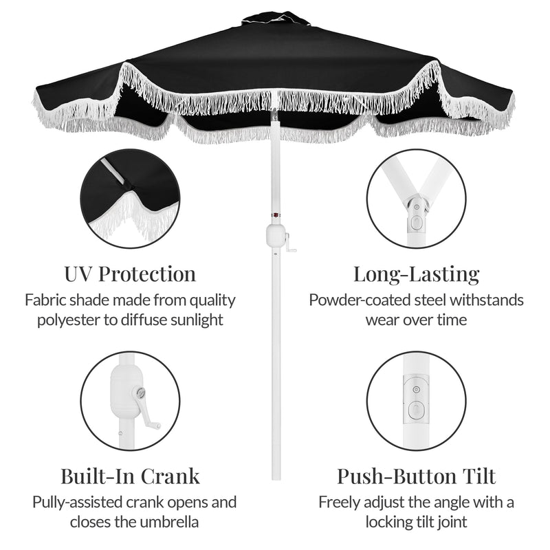 9ft Boho Fringe Umbrella Tilt, UPF50+, Steel Pole - Kivo Store