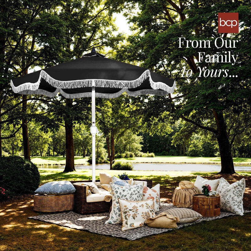 9ft Boho Fringe Umbrella Tilt, UPF50+, Steel Pole - Kivo Store
