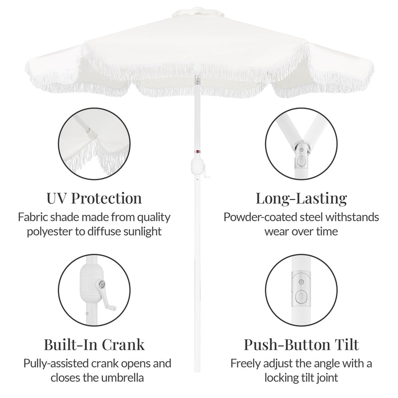 9ft Boho Fringe Umbrella Tilt, UPF50+, Steel Pole - Kivo Store