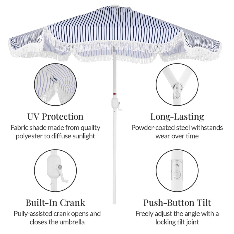 9ft Boho Fringe Umbrella Tilt, UPF50+, Steel Pole - Kivo Store