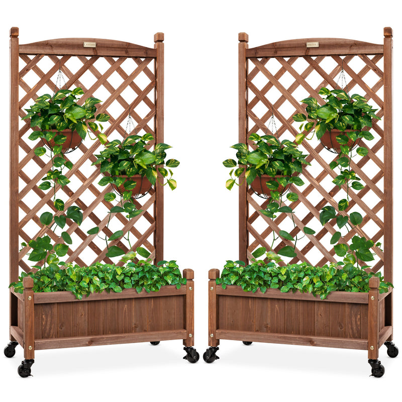 Set of 2 Wood Planter Box & Lattice Trellis w/ Optional Wheels - 48in